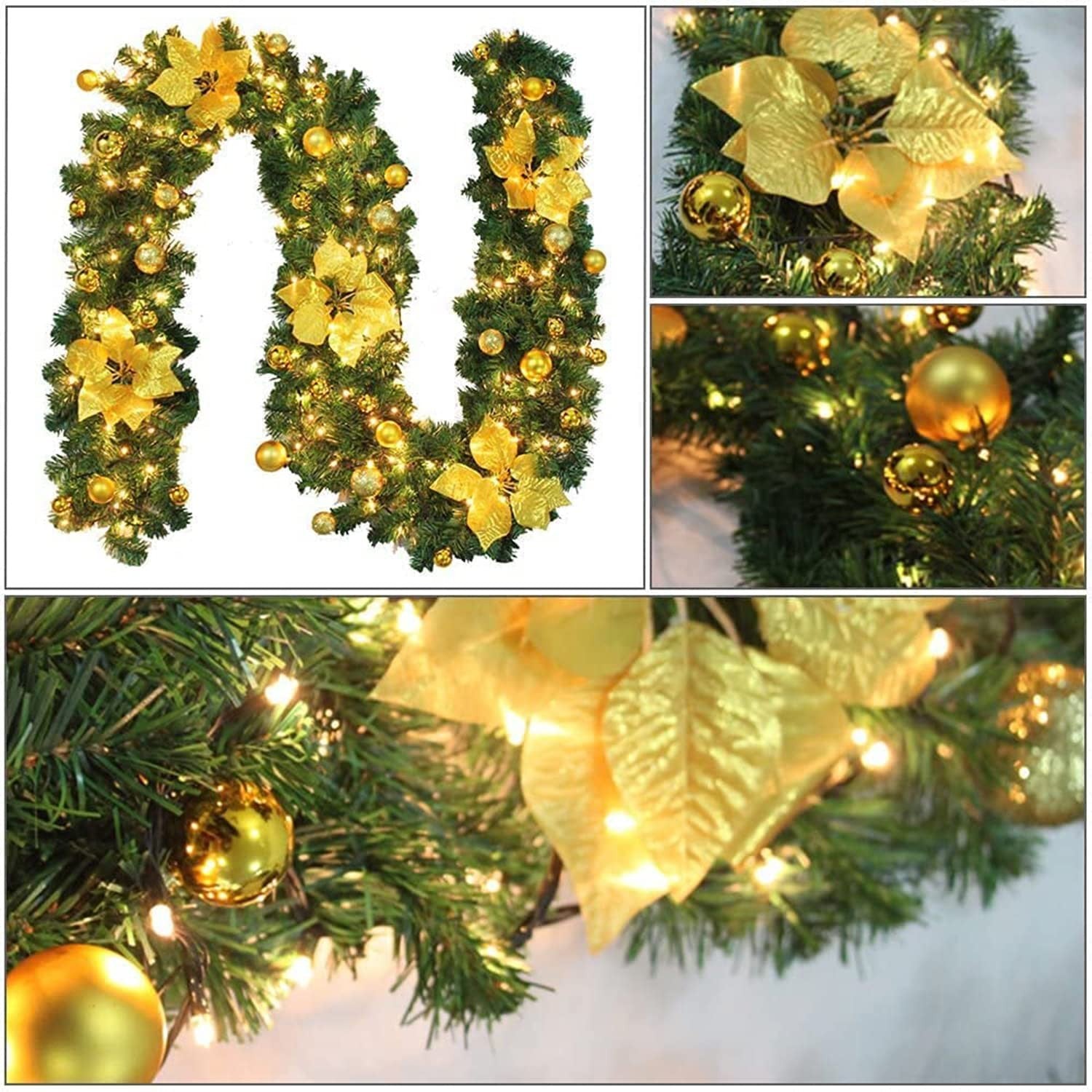 Christmas Garland with LED Lights, 2.7M (9ft) Artificial Rattan Xmas Wreath