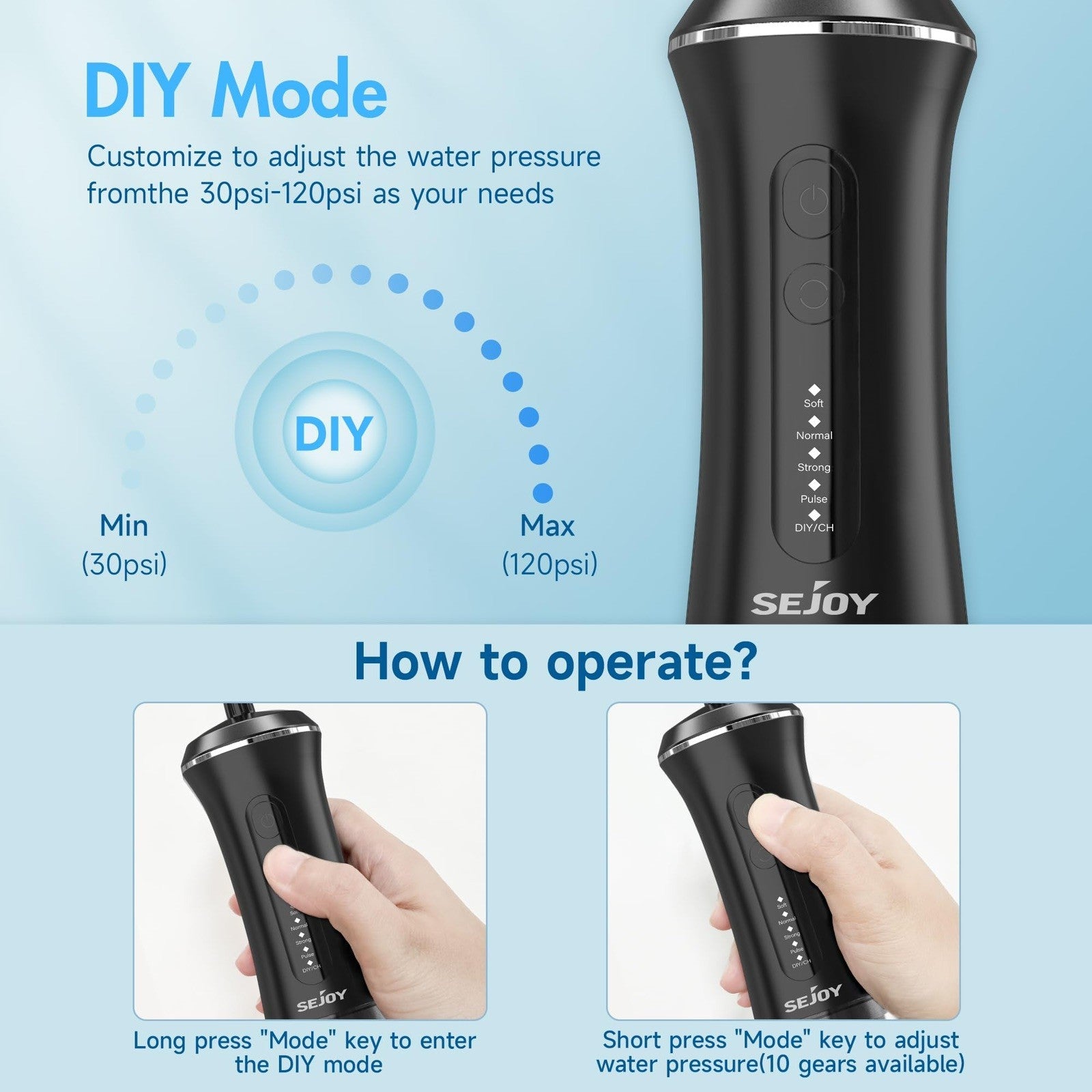 Sejoy C12BLA Professional Water Flosser Oral Irrigator with 5 Modes