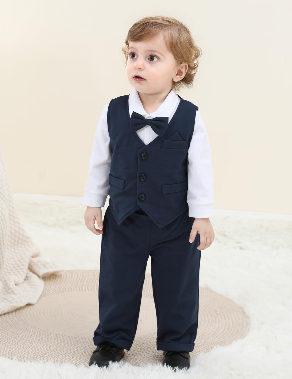 Baby Boy Wedding Bodysuit Suit Set Long Sleeve – Dark Navy 12-18 months