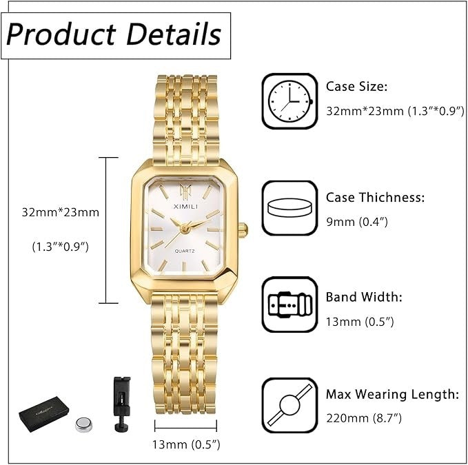 Women's Square Analog Quartz Bracelet Watch Stainless Steel Strap – Gold