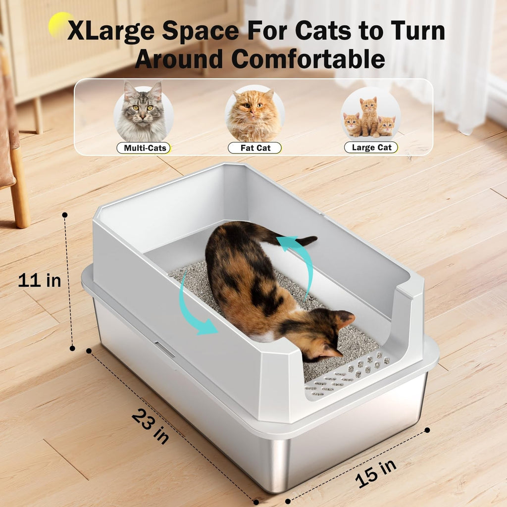 MIXJOY XL Stainless Steel Cat Litter Tray with Lid 37 L Extra Large Metal Box