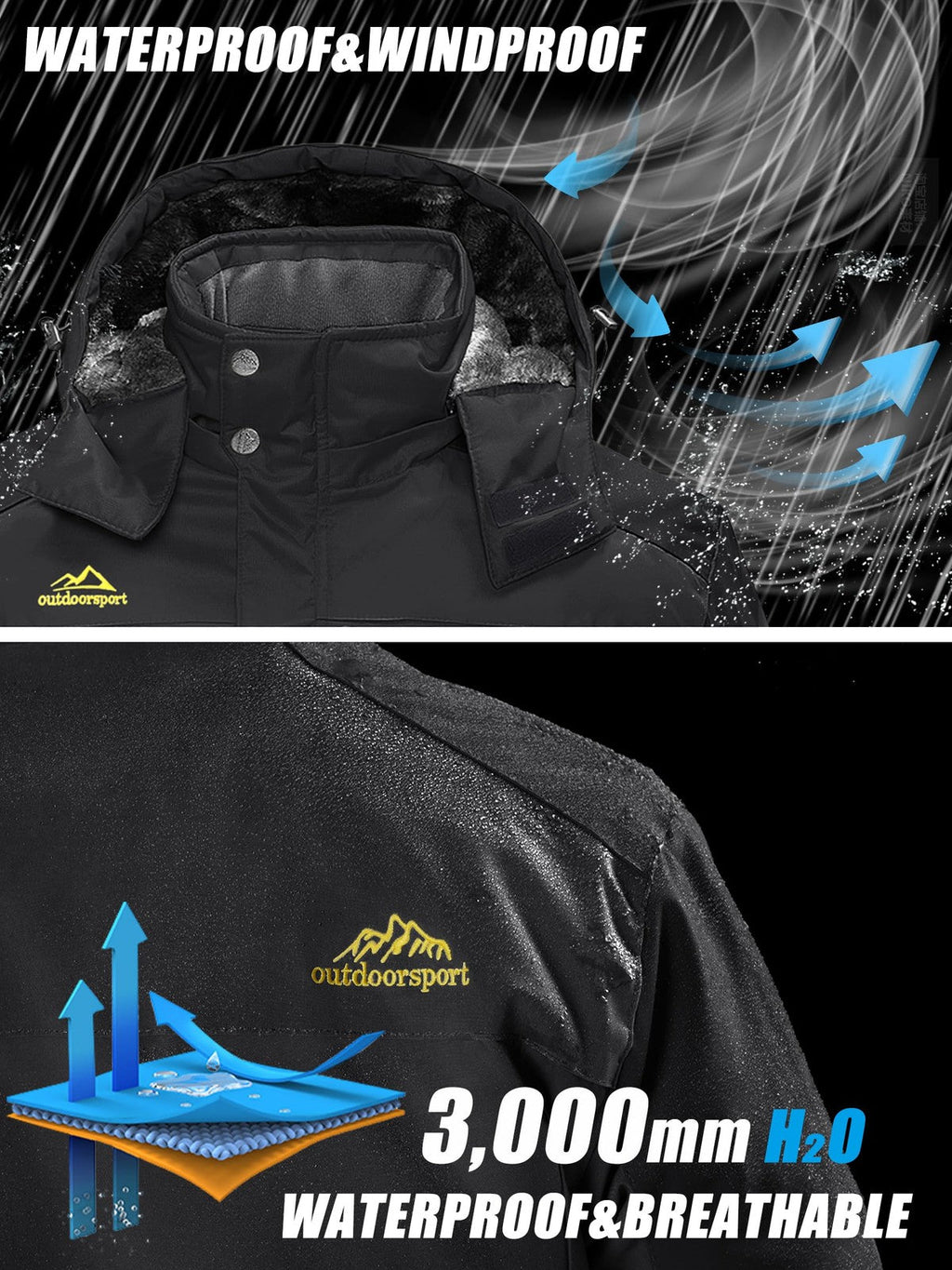 Mens Winter Waterproof Ski Jacket Warm Softshell Snowboarding Coat – Black 2XL
