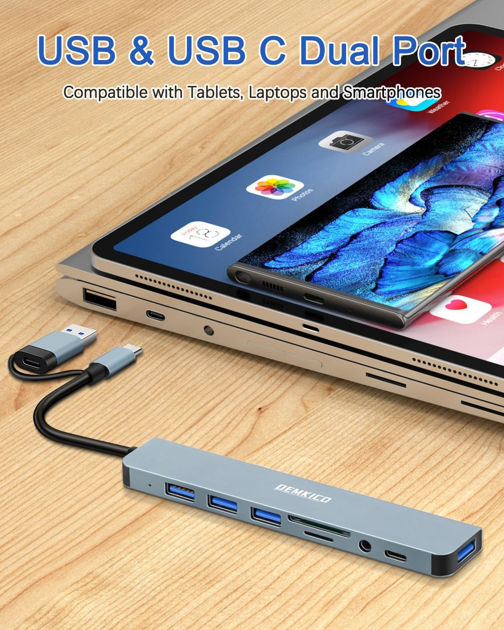 DEMKICO 8 in 1 USB C Hub, USB C Adapter with 4 USB Ports SD/TF Card Reader