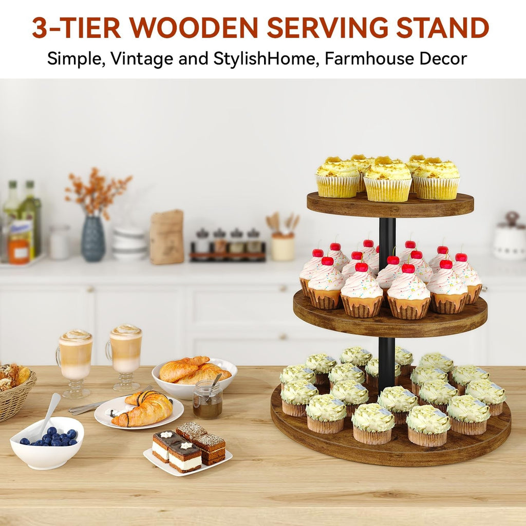 IBUYKE 3 Tier Cupcake Stand, Durable Wood Display Tower Rustic Brown