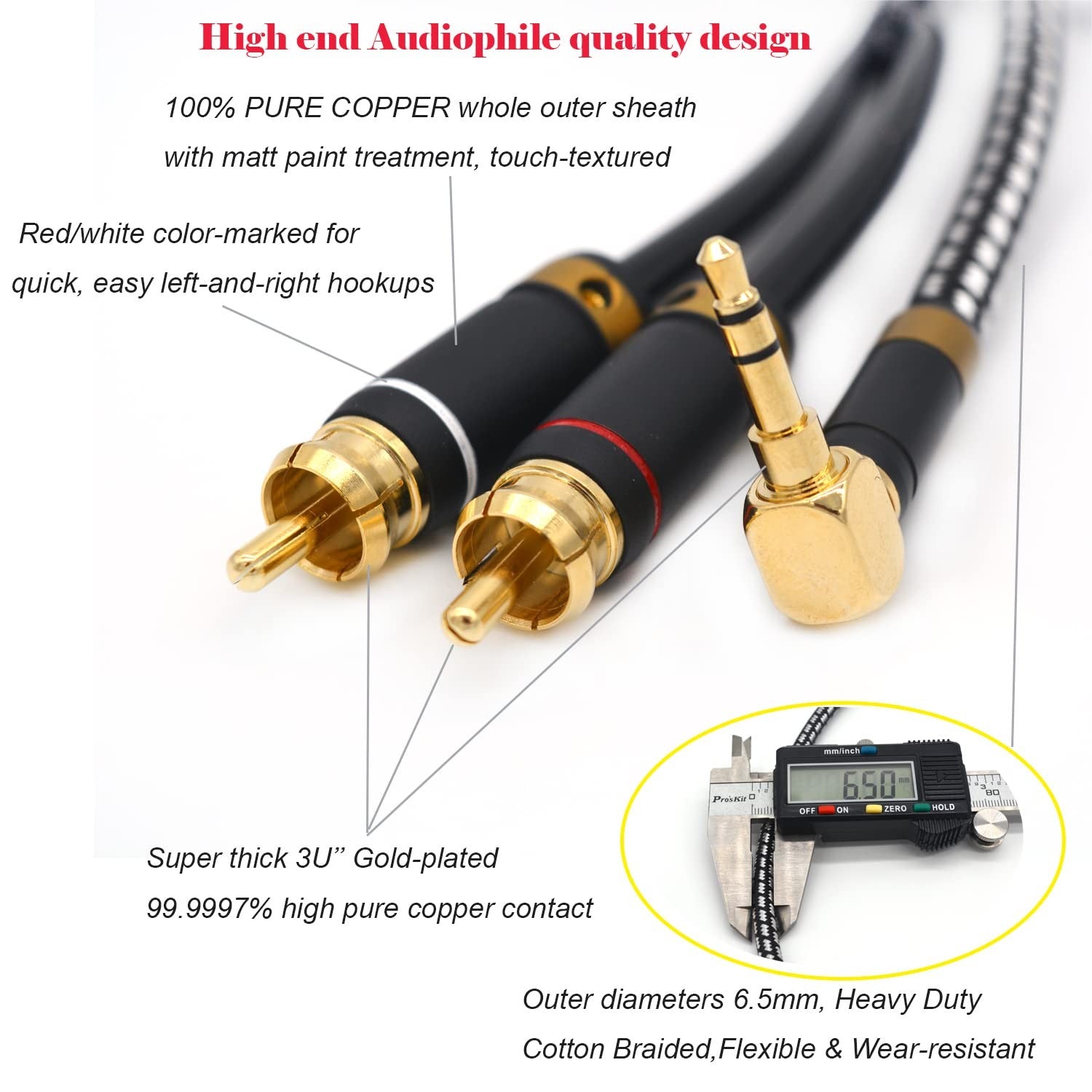 Audiophile 3.5mm male to 2 RCA male cable (Bend 3.5mm, 2m) - Primeda