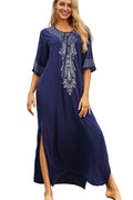 Summer Embroidered Floral Loose Caftan Beach Cover Up Dress – Plus Size