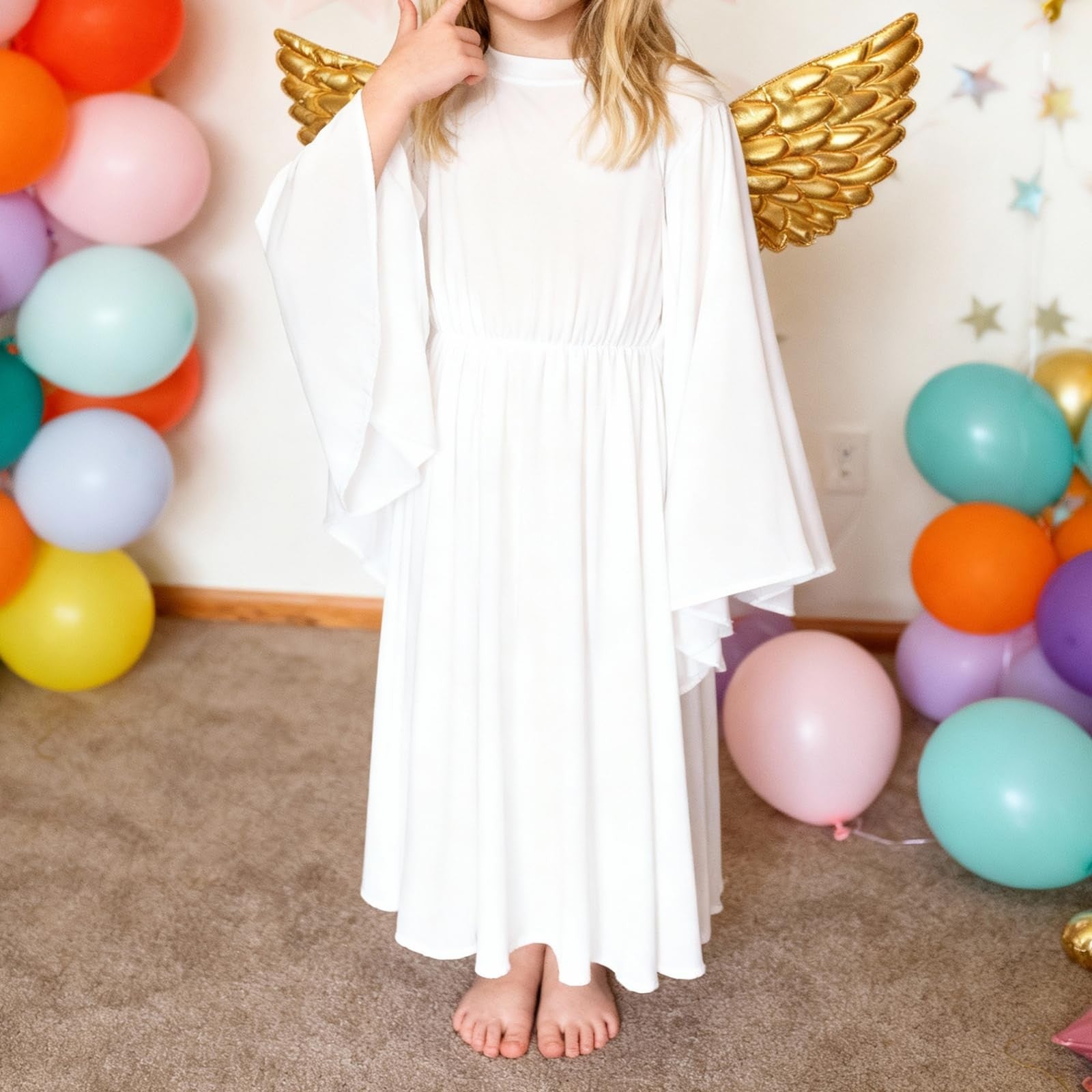 Angel Costume White Dress with Headband & Gold Wings Child M – White M