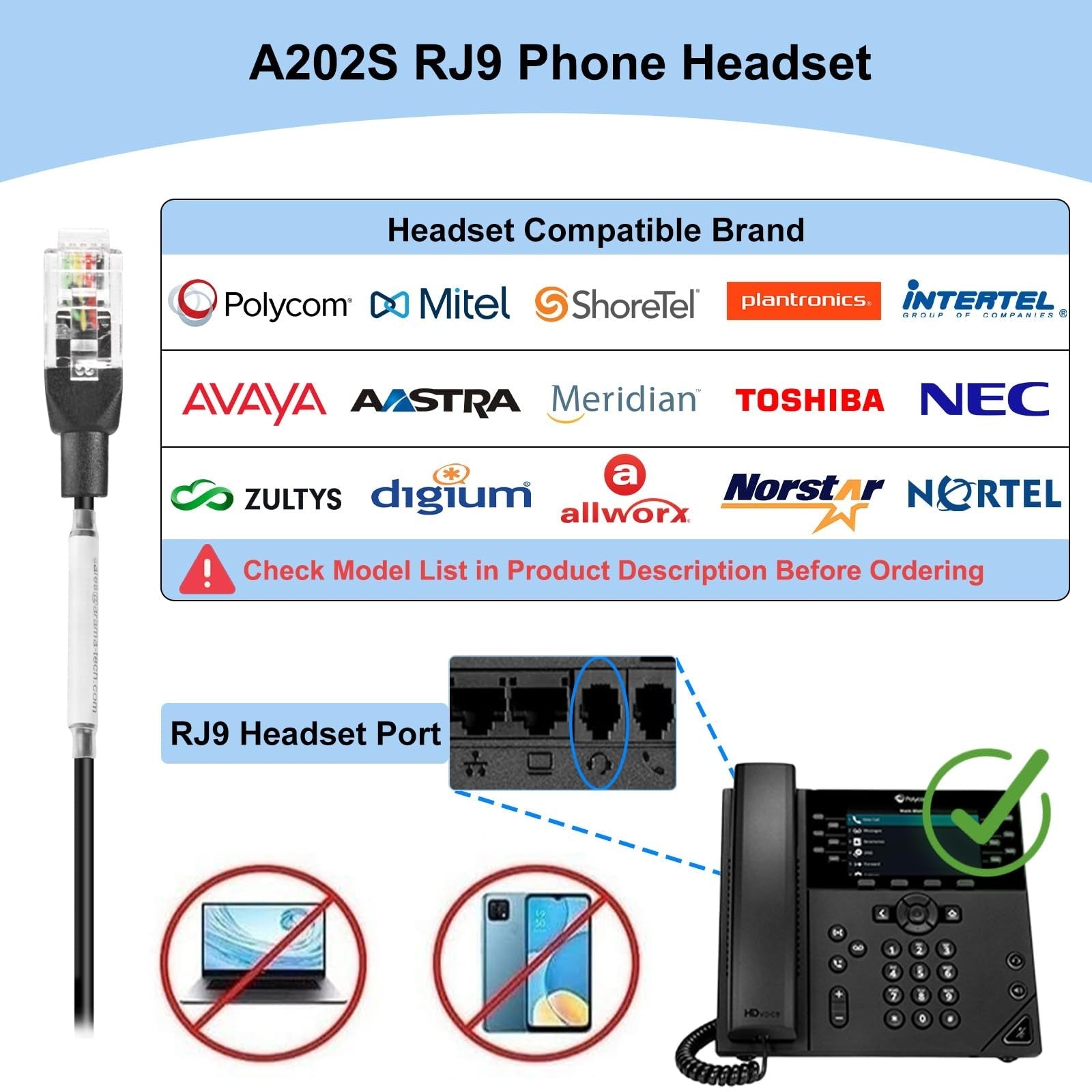 Arama RJ9 Telephone Headset with Microphone Noise Cancelling Office RJ9