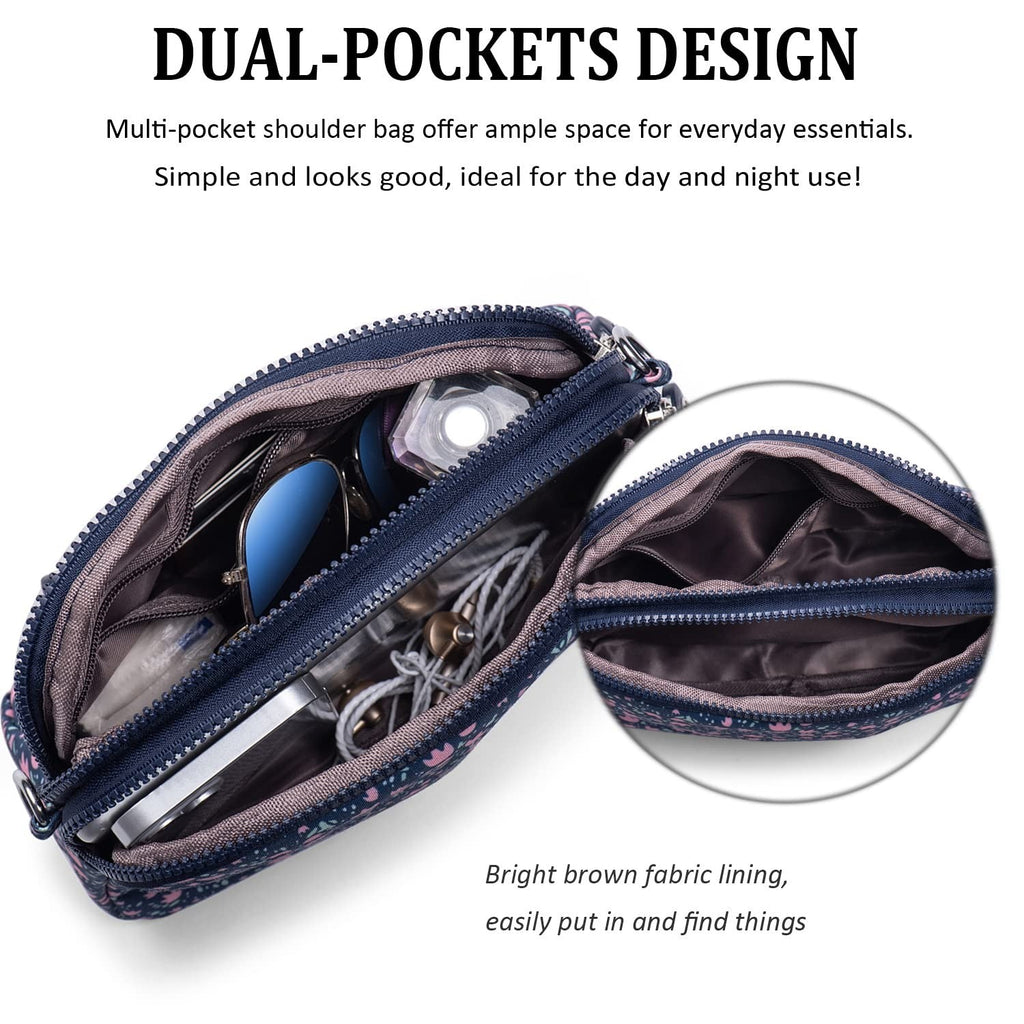 Cross Body Bag Women Multi Pockets Nylon – Blue with Pink Flowers