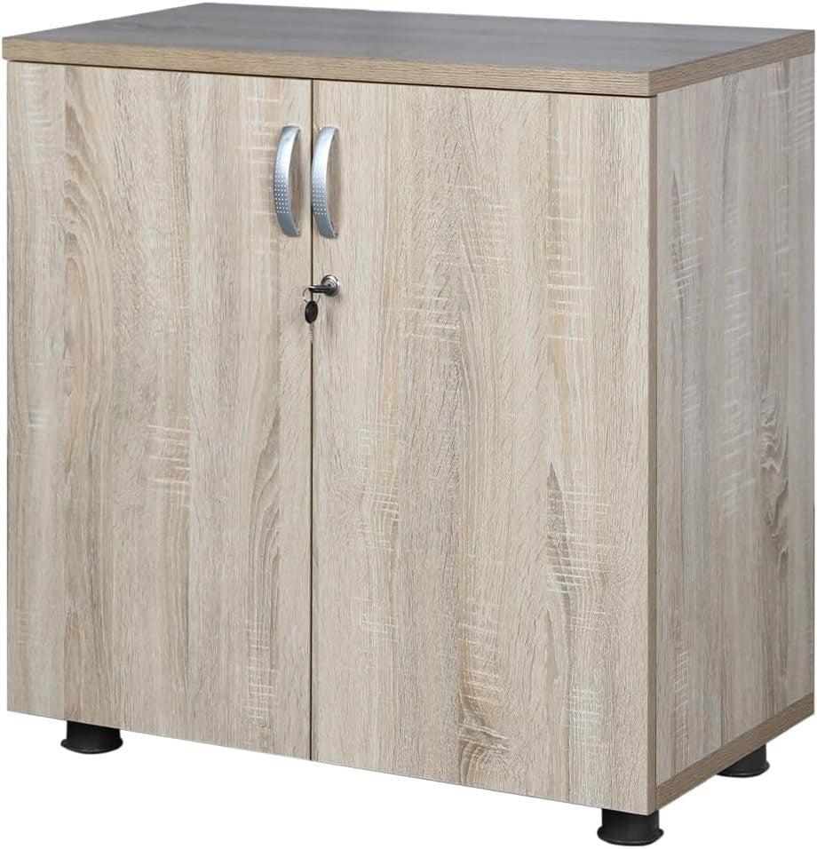Small Office Cupboard with Laminated Oak Finish, Lockable Cabinet with Shelf,