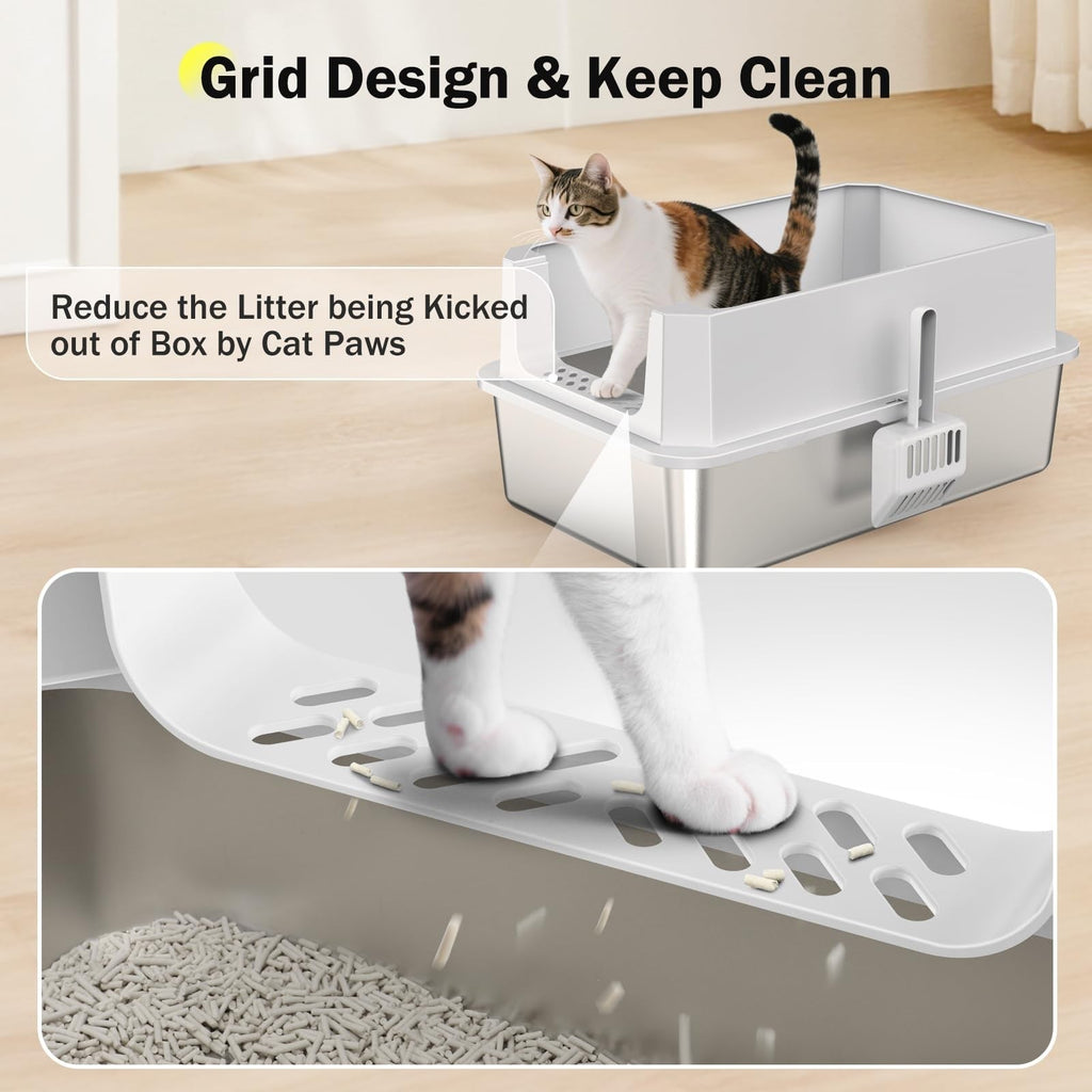 MIXJOY XL Stainless Steel Cat Litter Tray with Lid 37 L Extra Large Metal Box