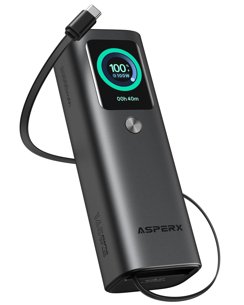 ASPERX 20000mAh 165W Power Bank Fast Charging 3-Port USB C – Black