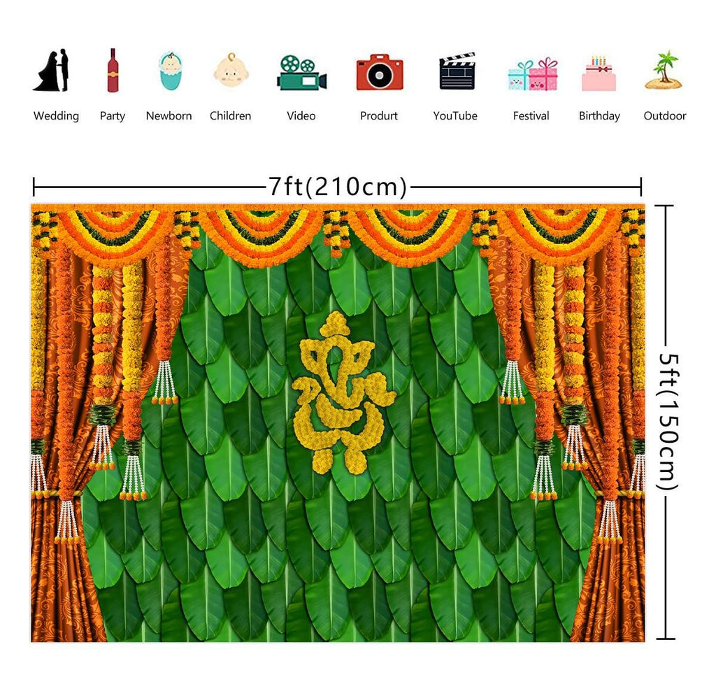 7x5FT India Pooja Traditional Photography Backdrop Marigold Green Banana Leaf