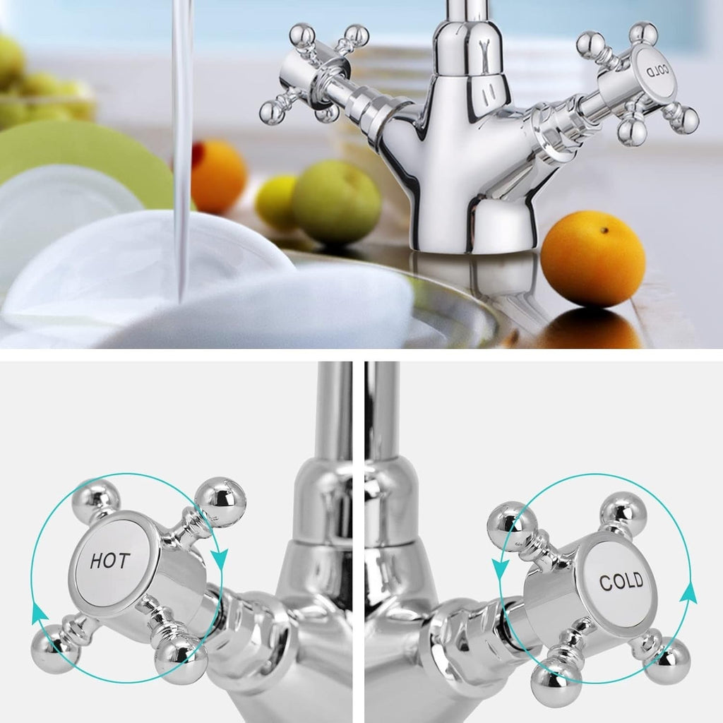 Swan Neck Kitchen Mixer Tap Monobloc Two Crosshead Handles Sink Basin Faucet