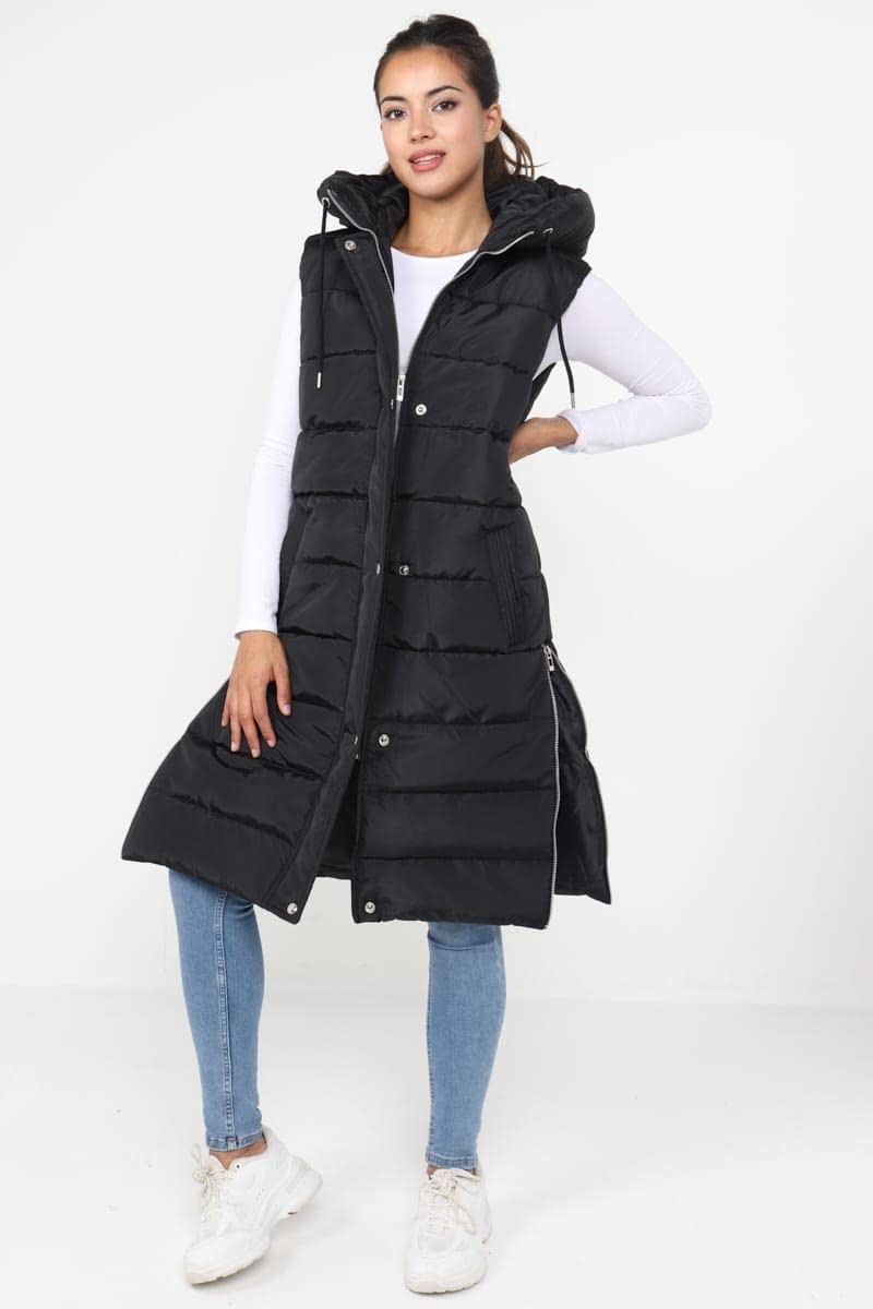 Top Fashion18 Ladies Padded Gilet Longline Hooded Jacket Quilted Winter Wear -L