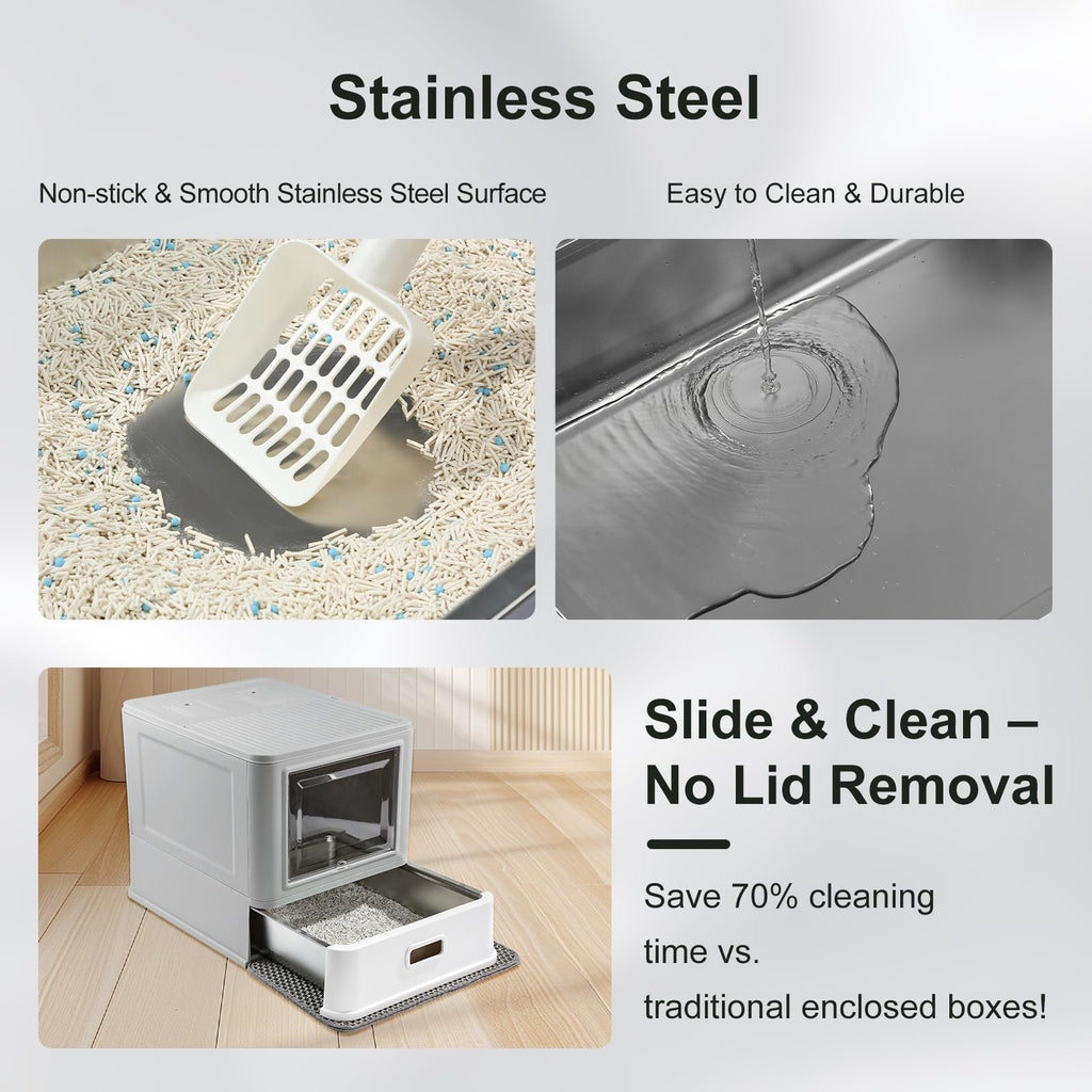 Stainless Steel Enclosed Cat Litter Box XL Leak-Proof Lid Drawer Odor Resistant