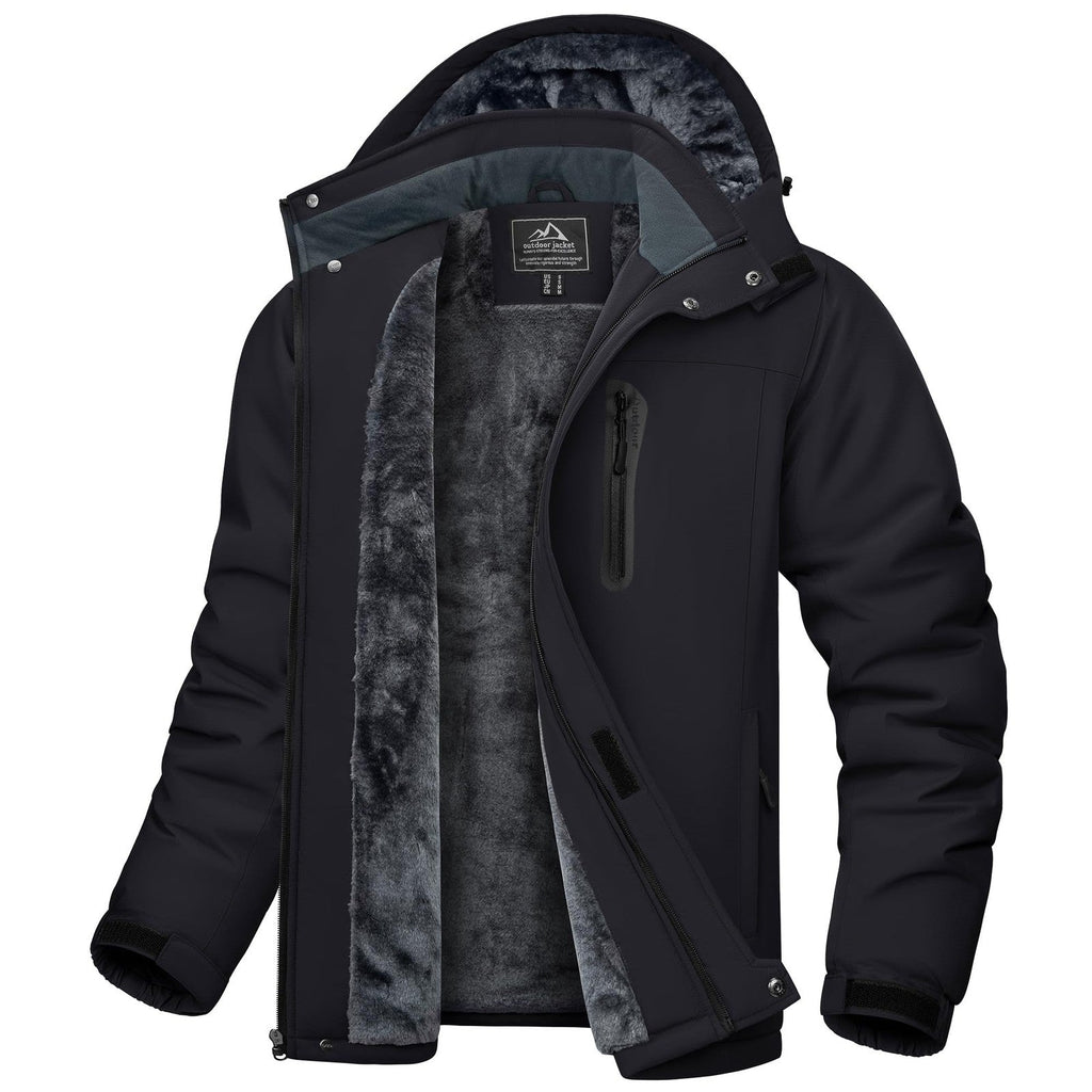 Winter Waterproof Jacket with Hood Fleece Ski Jacket – Black L
