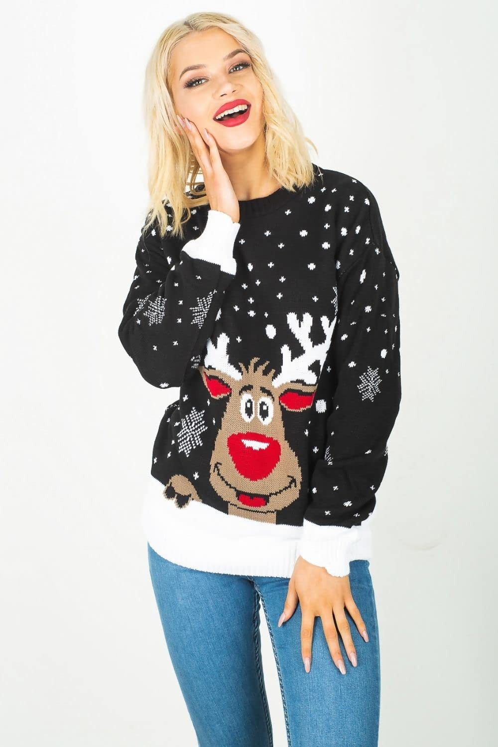 Womens Happy Reindeer Christmas Jumper – Black UK 24-26