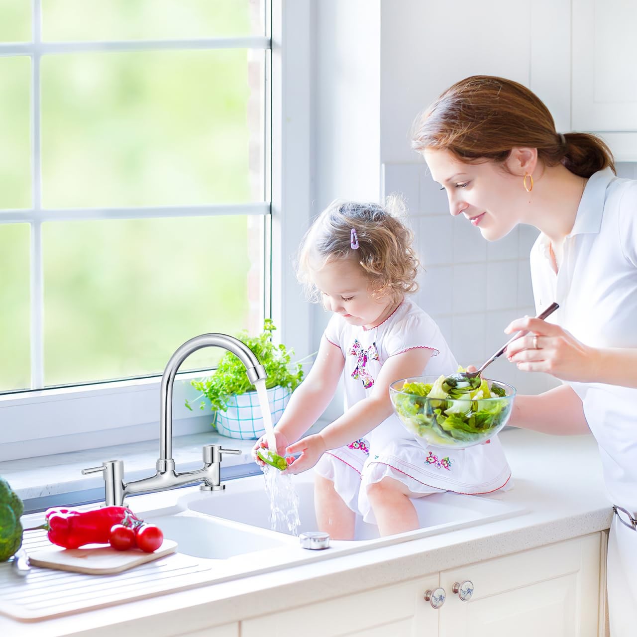 Dual Lever Gooseneck Mixer Tap Faucet for Kitchen Bathroom hot and cold
