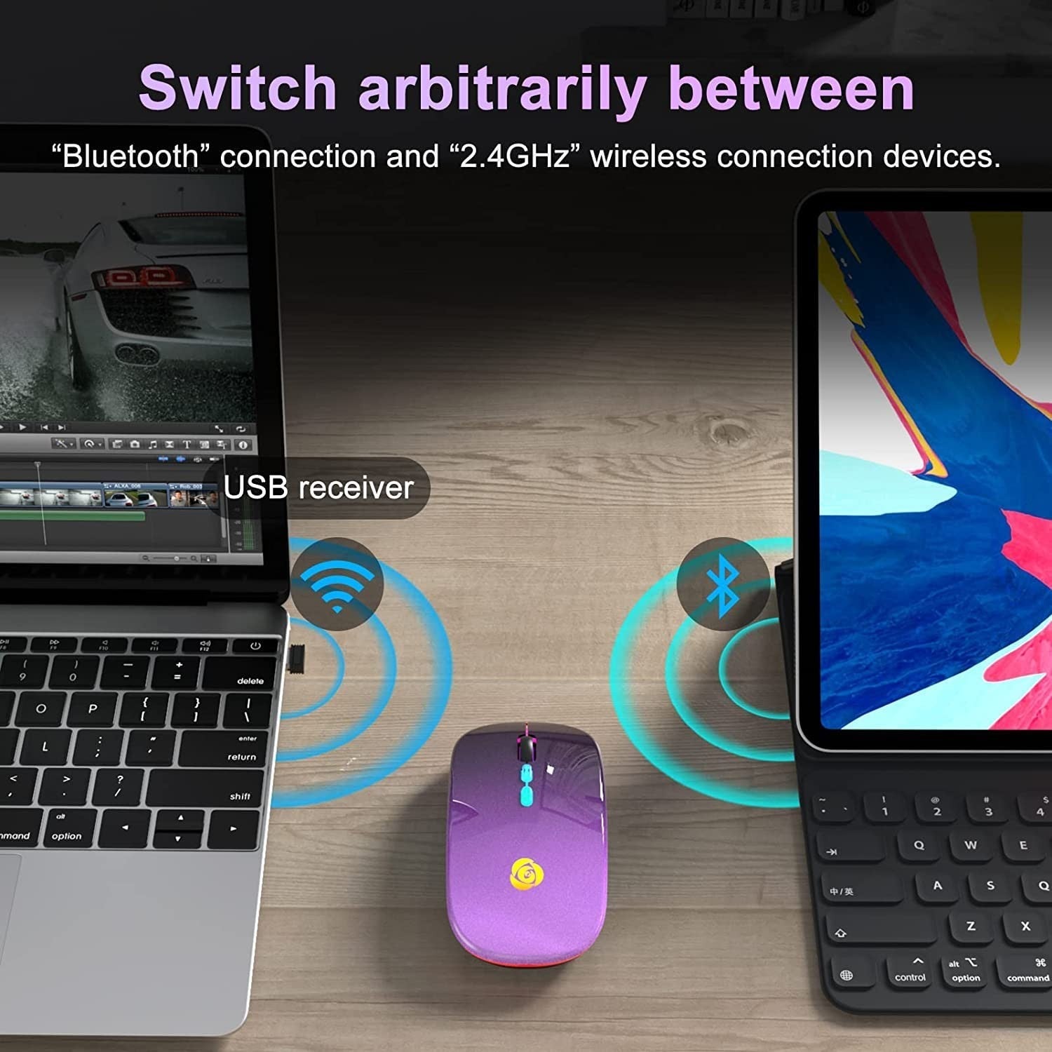 Bluetooth Wireless Mouse with Type-C Receiver Rechargeable 2.4G USB Portable