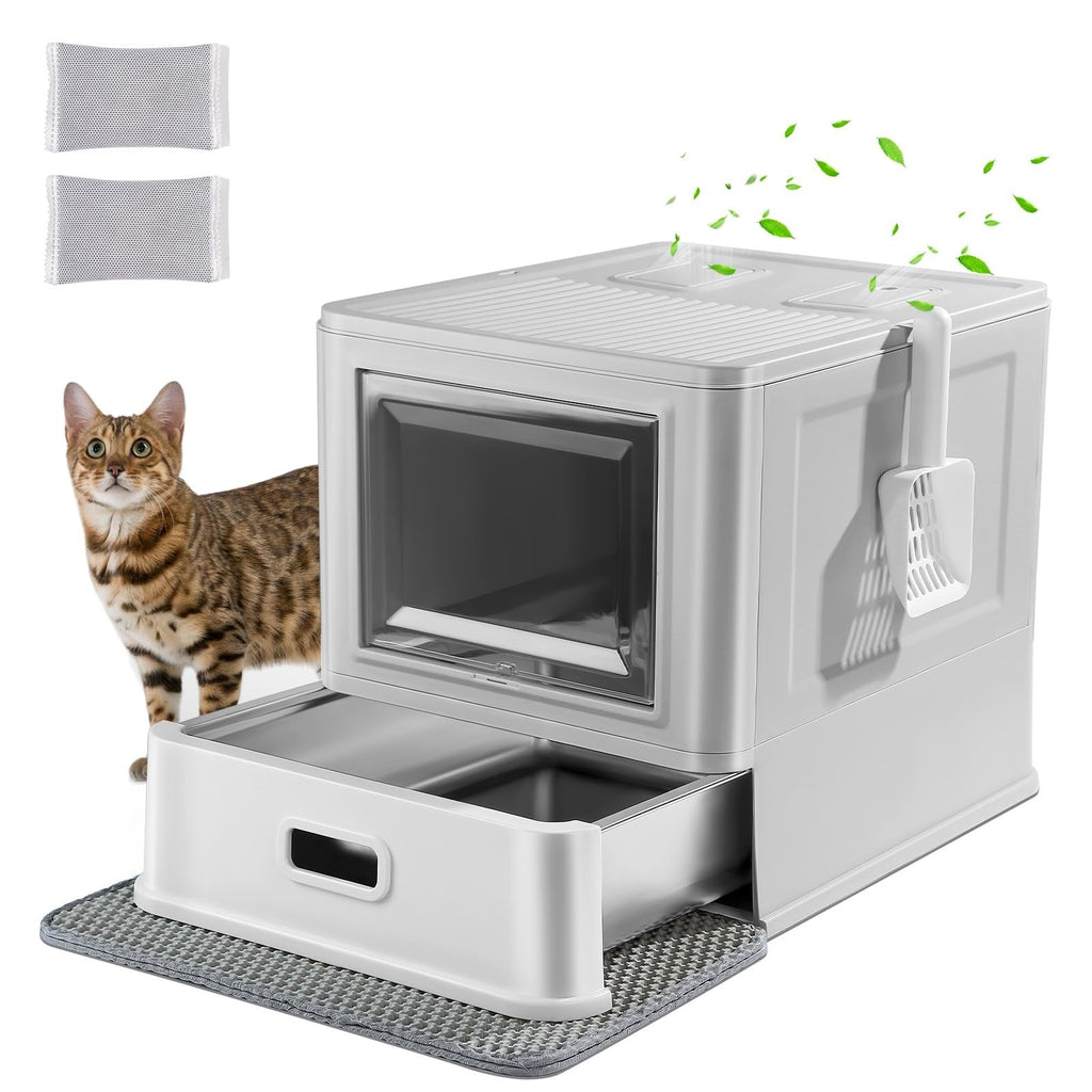 Stainless Steel Enclosed Cat Litter Box XL Leak-Proof Lid Drawer Odor Resistant