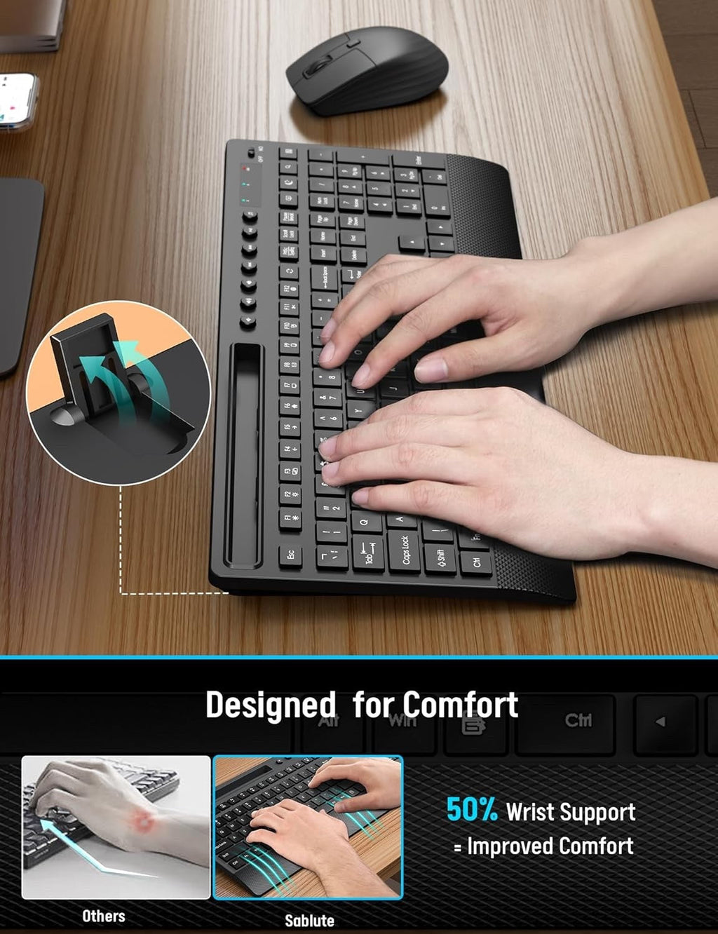 Wireless Keyboard and Mouse Combo, FullSize 2.4GHz Quiet Keyboard with WristRest