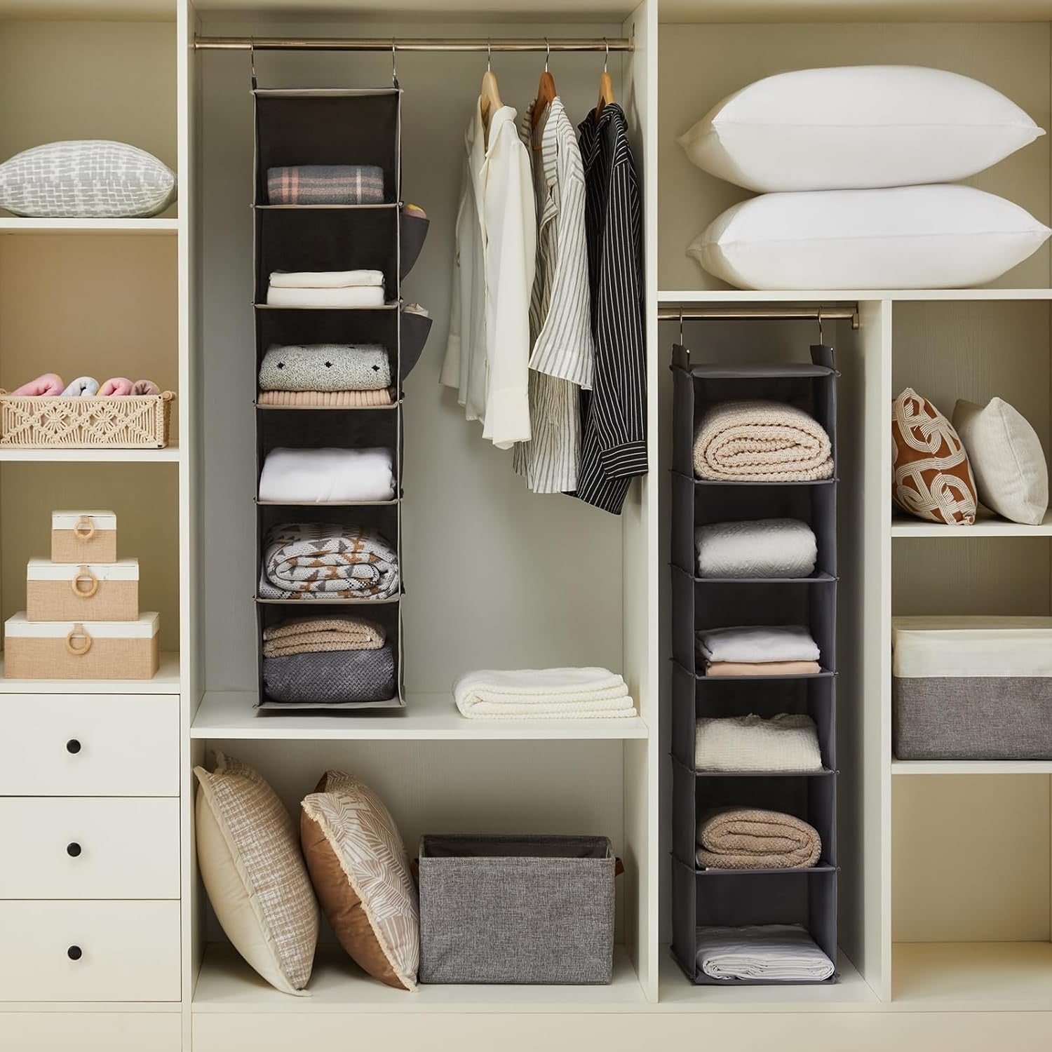 Hanging Closet Organiser 6 Shelves with Side Pockets – Grey