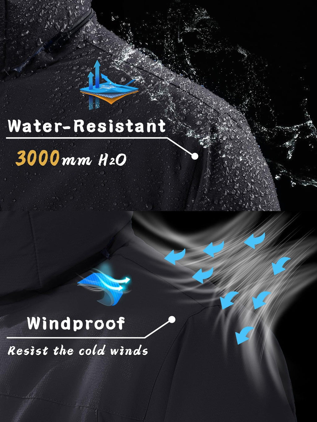 Winter Waterproof Jacket with Hood Fleece Ski Jacket – Black L