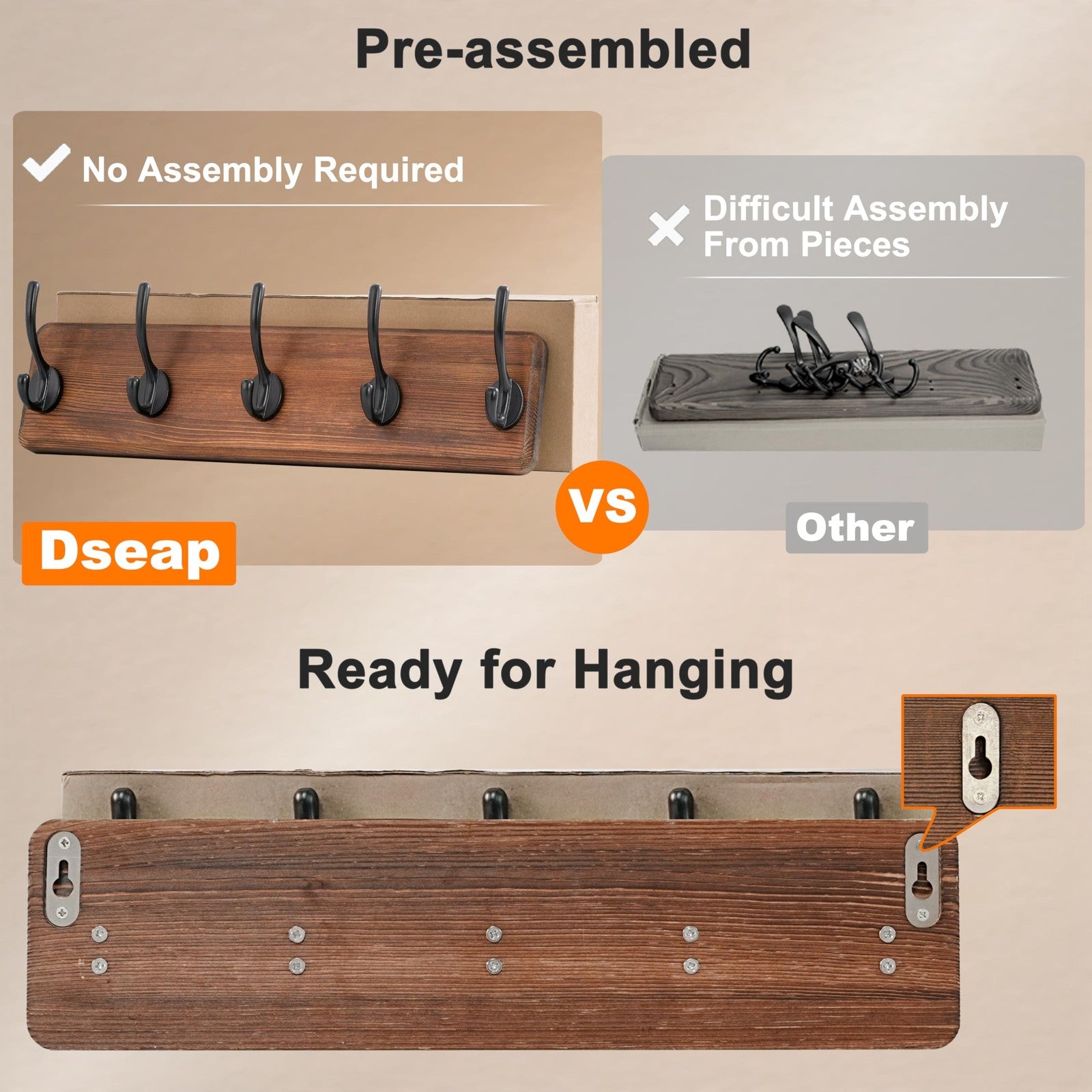 Heavy-Duty Wooden Coat Rack 5 Double Hooks Wall Mounted