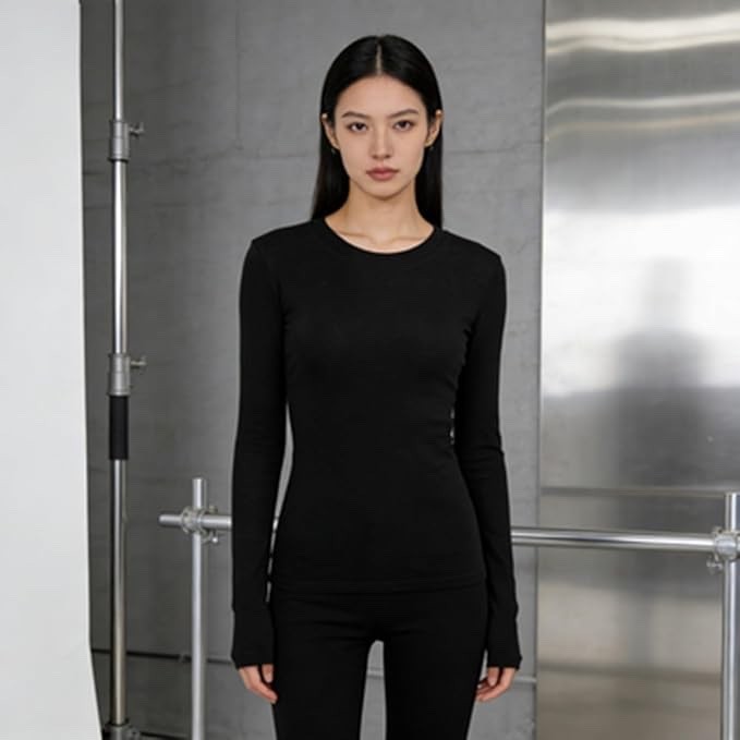 Women's Long Sleeve Ribbed T-Shirt Basic Crewneck Top - Black (Small)