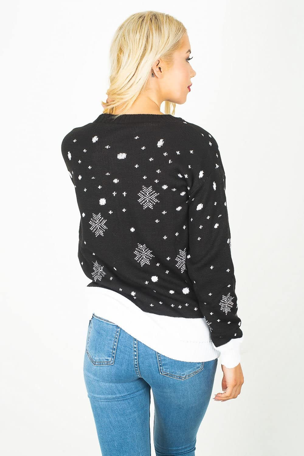 Womens Happy Reindeer Christmas Jumper – Black UK 24-26