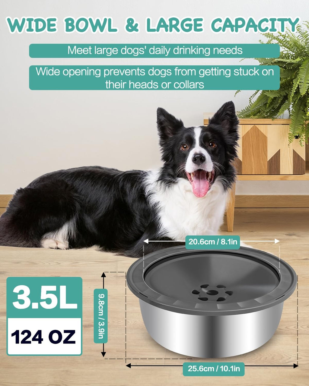 No Spill Dog Water Bowl, 3.5L Large Slow Drinking Pet Water