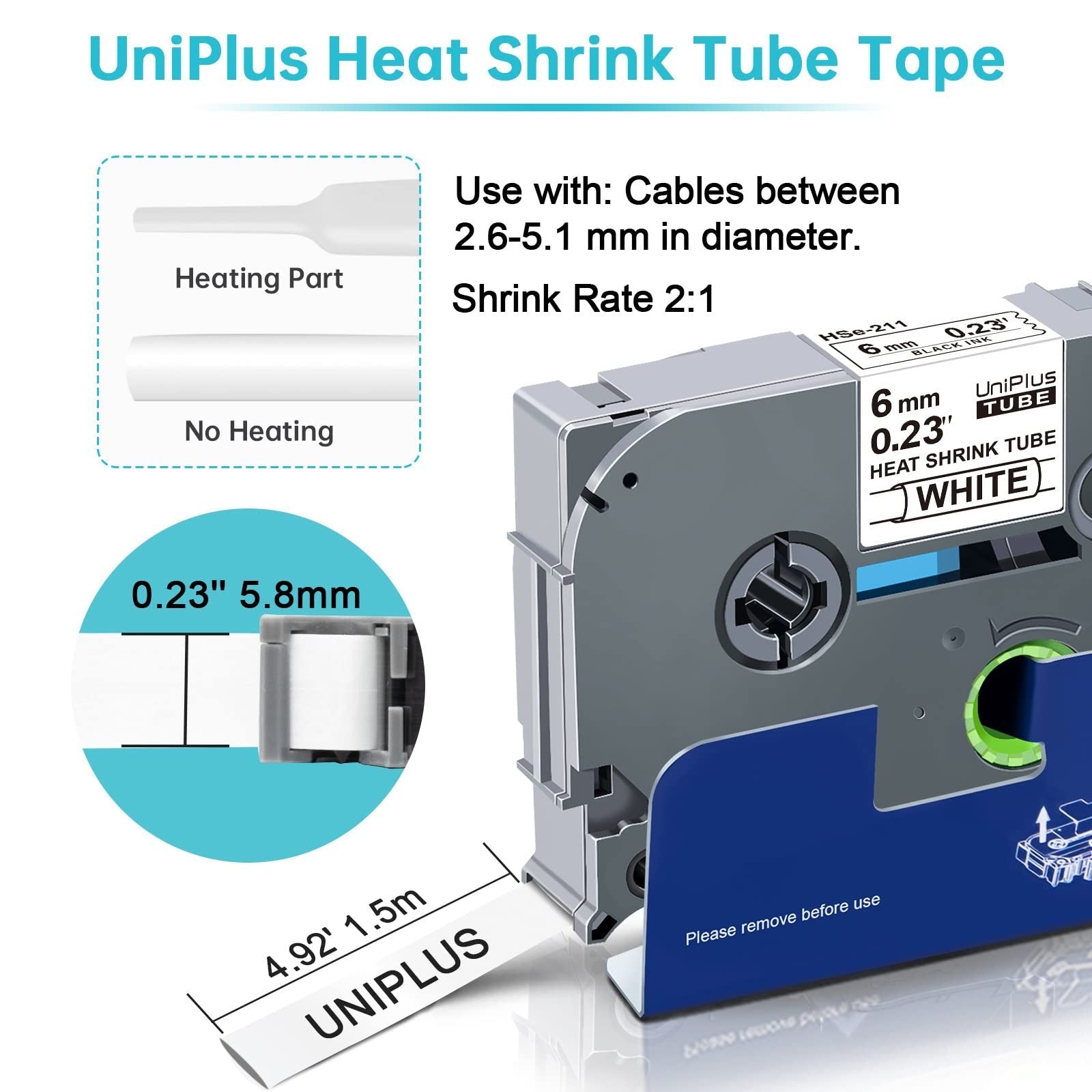UniPlus 3X Compatible with Brother 5.8mm Heat Shrink Tube Label Tape Replacement
