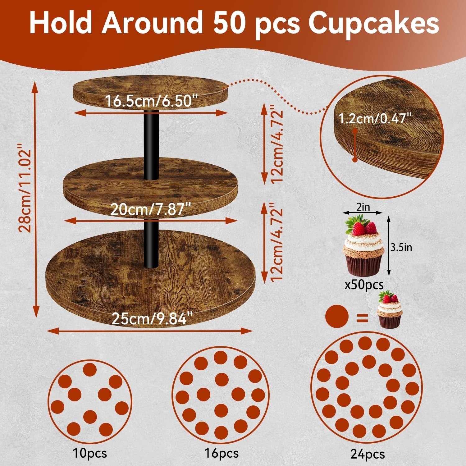 IBUYKE 3 Tier Cupcake Stand, Durable Wood Display Tower Rustic Brown