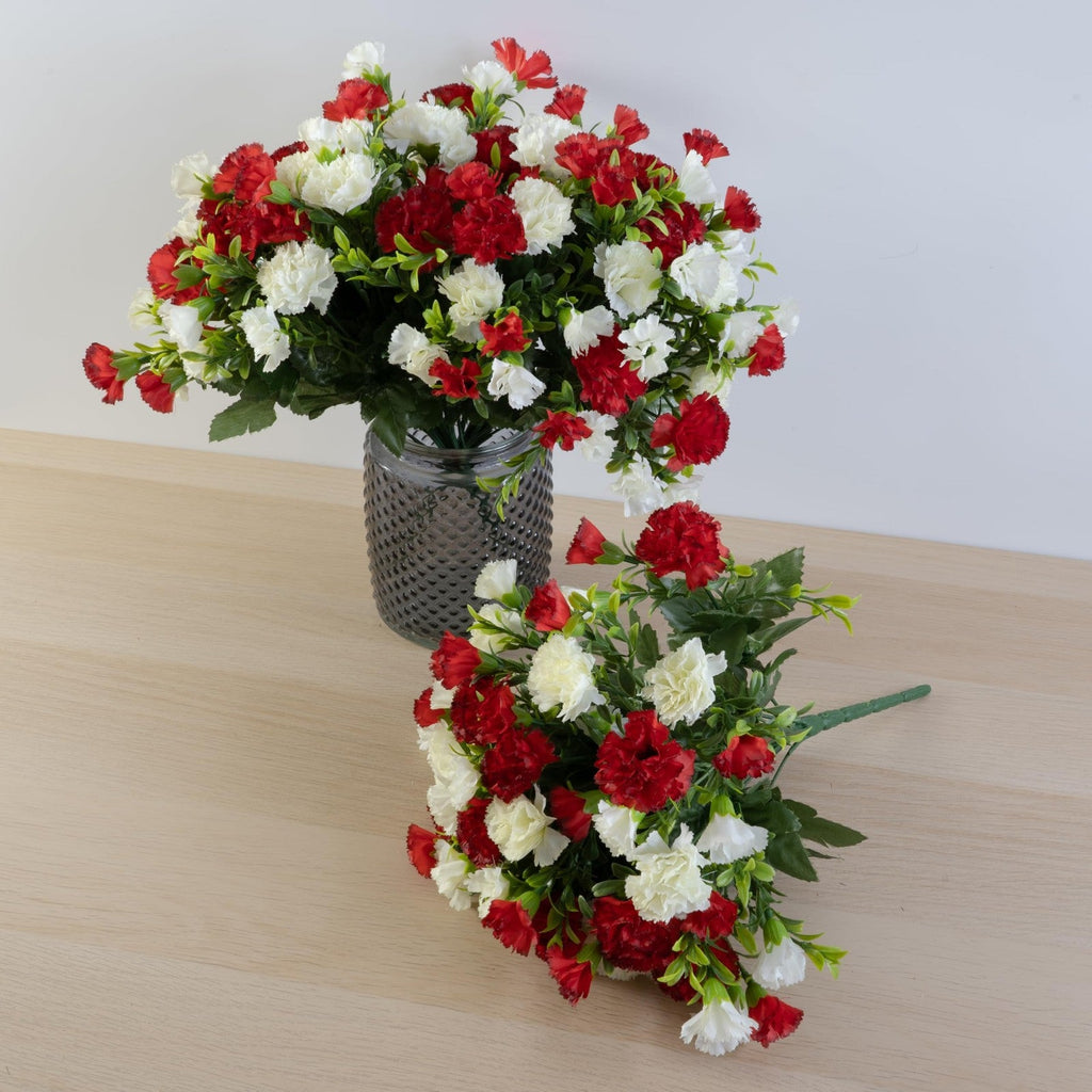 Artificial Silk Carnation Flower Bush Red & Ivory Home Wedding Grave Decoration