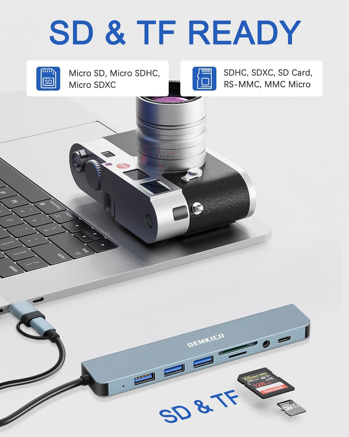DEMKICO 8 in 1 USB C Hub, USB C Adapter with 4 USB Ports SD/TF Card Reader