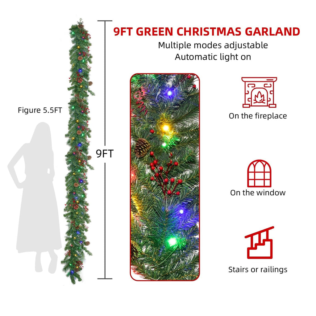 Christmas Garland With Lights 9FT, Battery Powered 8 Lighting Modes 50 LED Light
