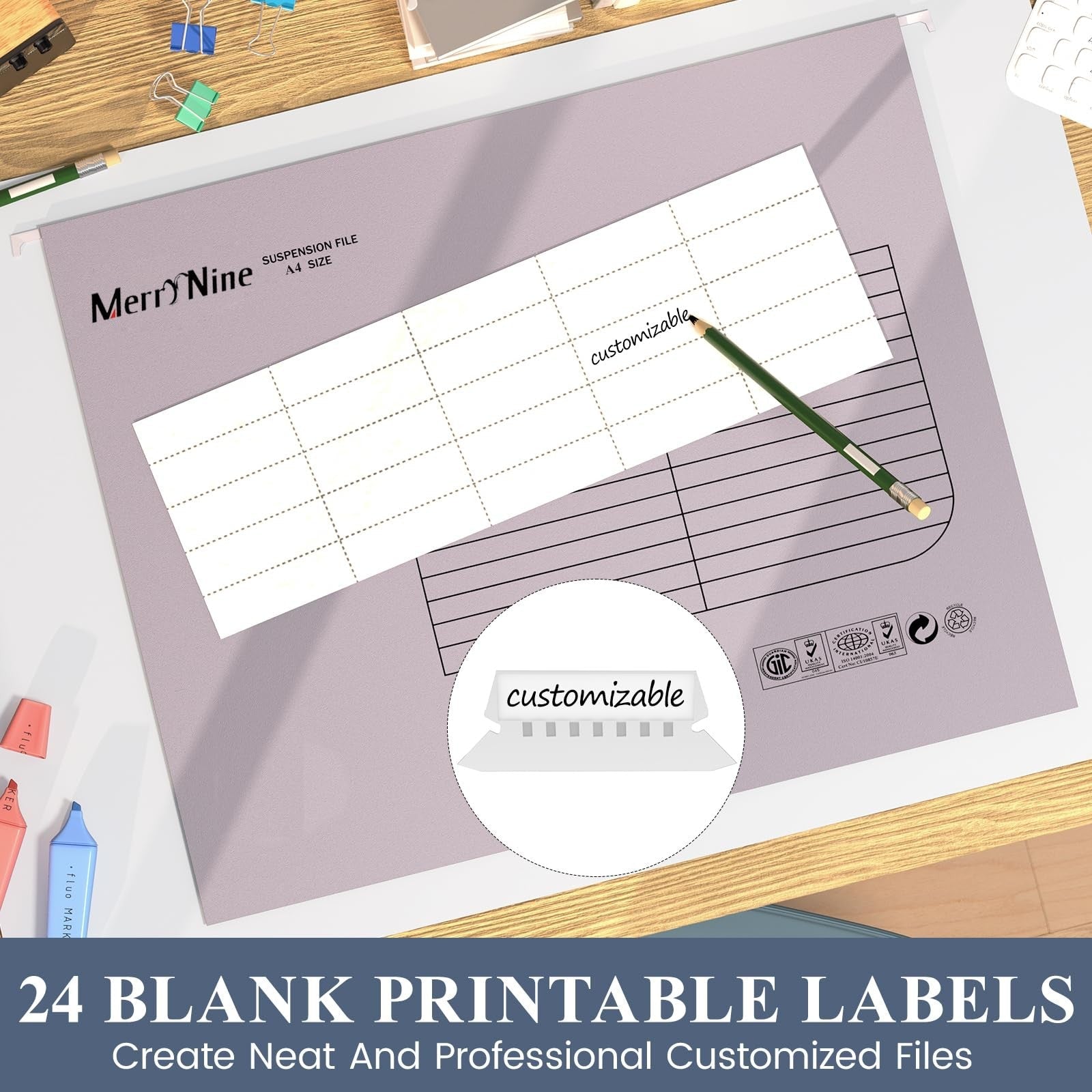 A4 Suspension Files, 24PCS Filing Cabinet Files with Tabs and Card Inserts