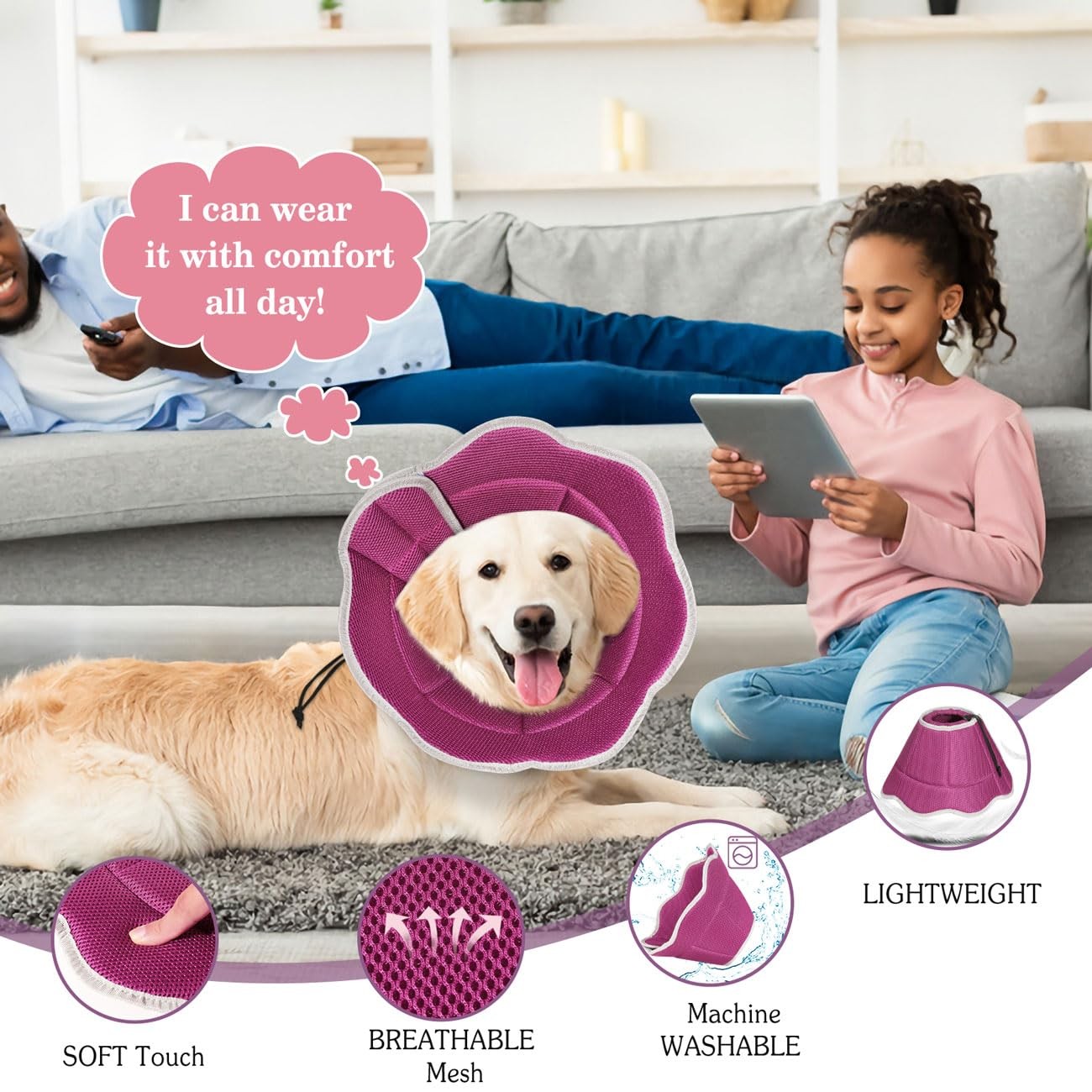 Dog Recovery Collar E-Collar Breathable Surgery Protective Cone – Magenta L