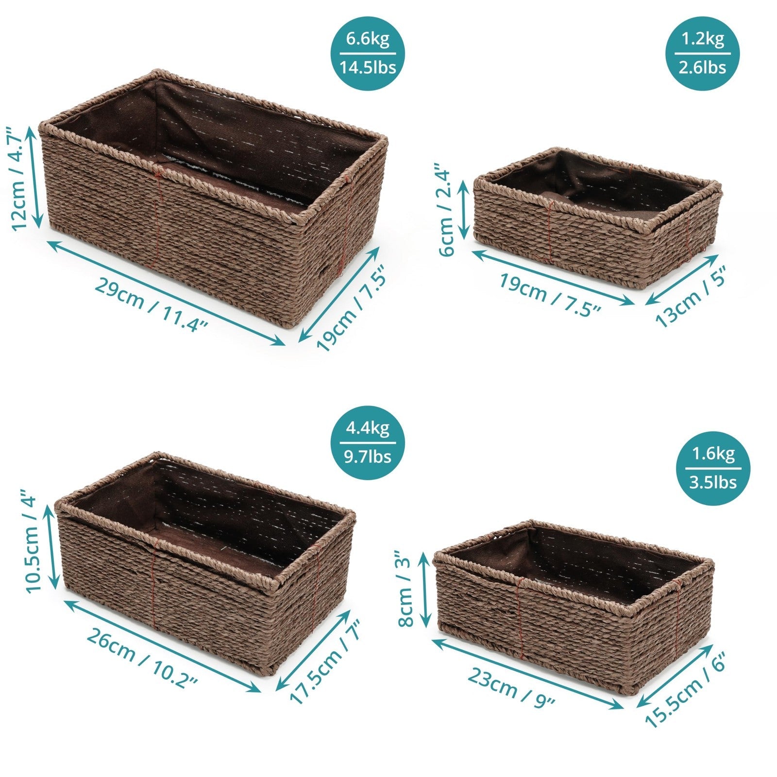 4 Pack of Brown Wicker Storage Baskets Natural Rattan Nesting Organiser set of 4