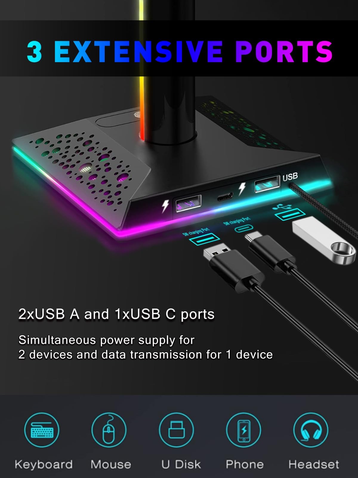 VCOM RGB Headphone Stand, Headphone holder with 2 USB 1 type C ports