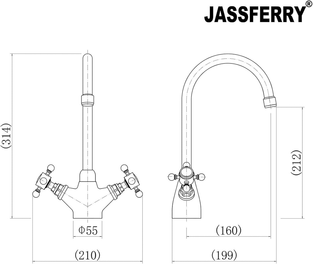 Swan Neck Kitchen Mixer Tap Monobloc Two Crosshead Handles Sink Basin Faucet