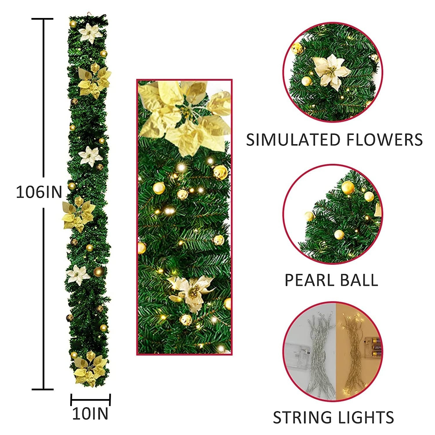 Christmas Garland with LED Lights, 2.7M (9ft) Artificial Rattan Xmas Wreath