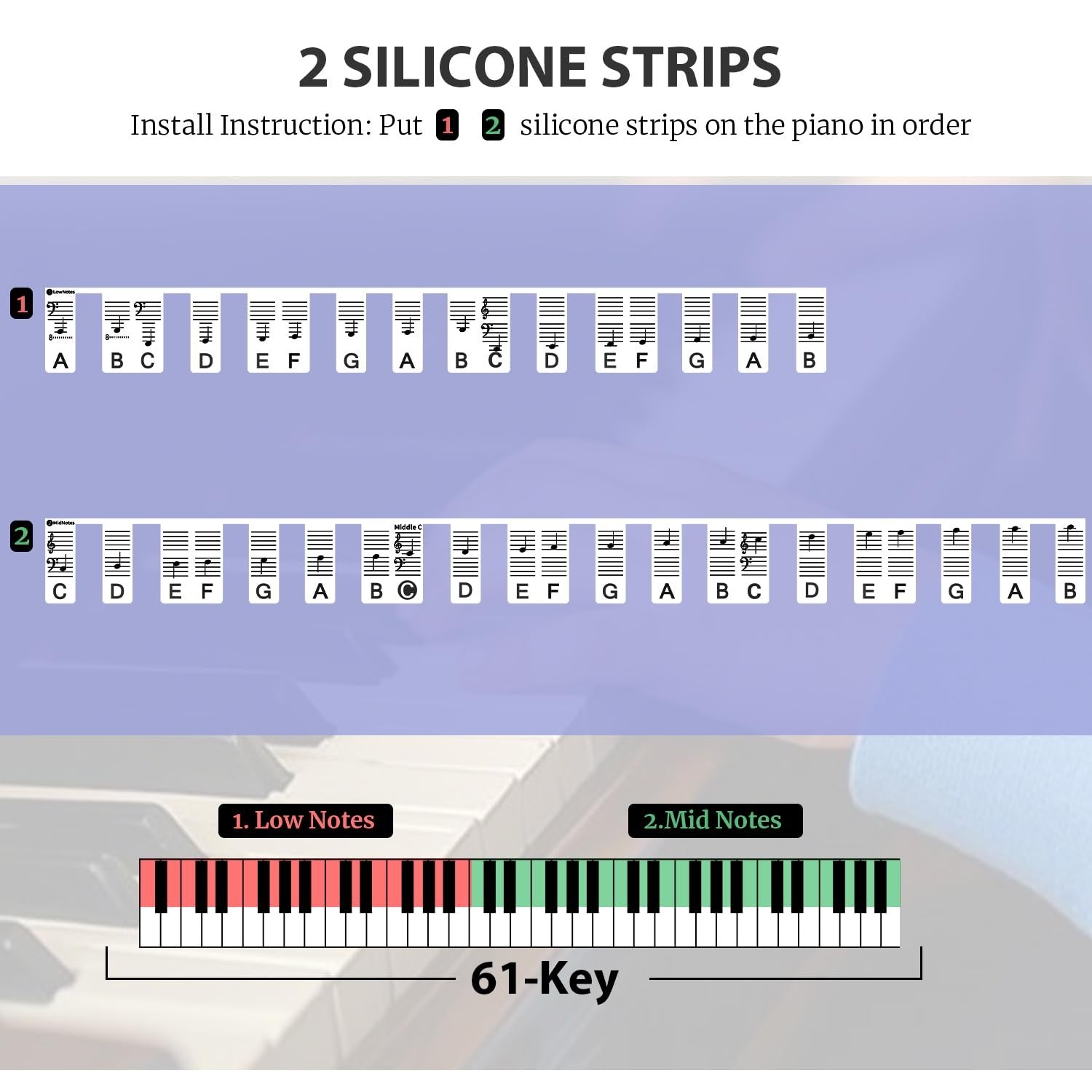 Piano Removable Piano Keyboard Note Labels to Key Keyboards Silicone Black 61Key