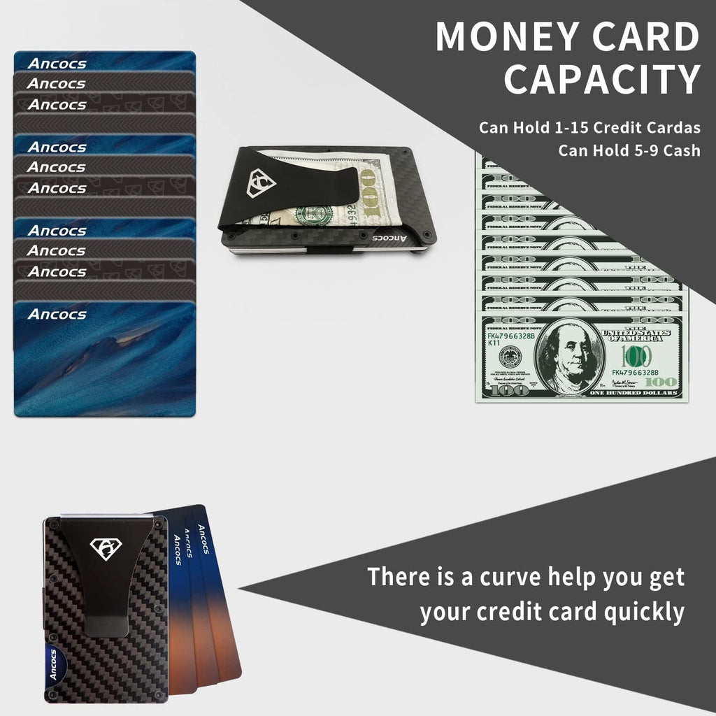 Ancocs Carbon Fiber Credit Card Holder with Metal Money Clip -NFC RFID Blocking