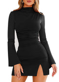 Women's Mini Dress Mock Neck Bodycon Bell Sleeve Elegant Dress – Black S