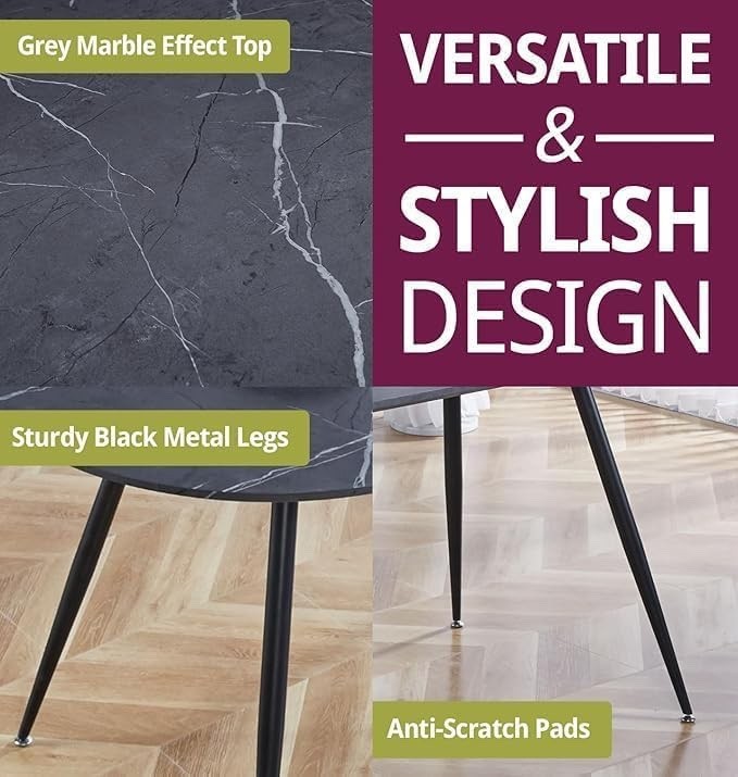 Oval Dining Table with Grey Marble Effect Top and Black Metal Legs