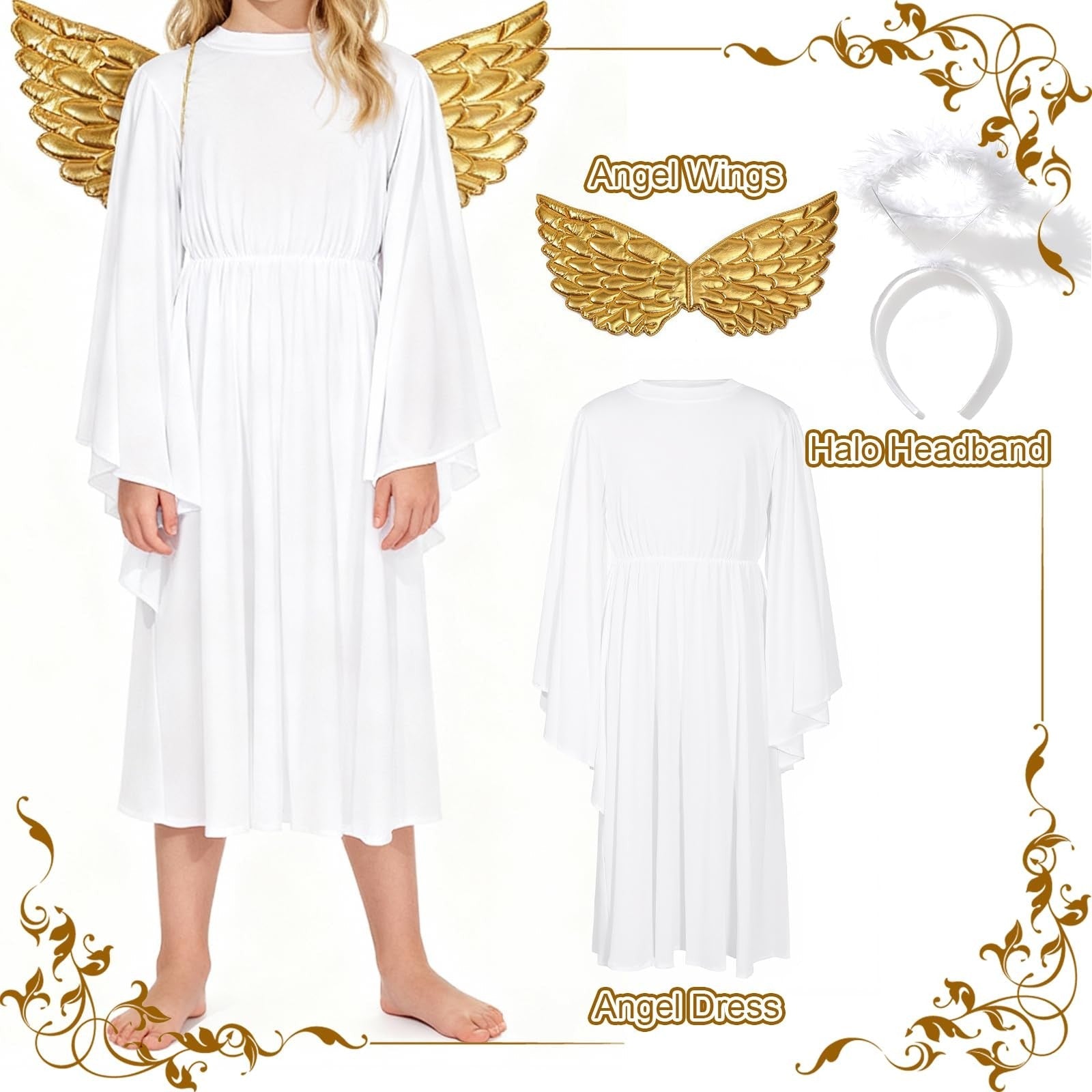 Angel Costume White Dress with Headband & Gold Wings Child M – White M