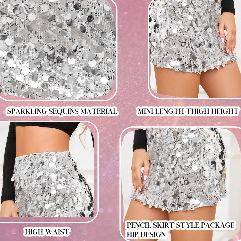 Sequin Skirt for Women Stretchy Bodycon Mini Sparkly Glitter Shiny Skirt- Medium