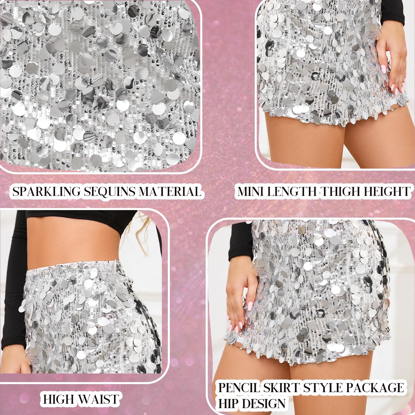 Sequin Skirt for Women Stretchy Bodycon Mini Sparkly Glitter Shiny Skirt- Medium